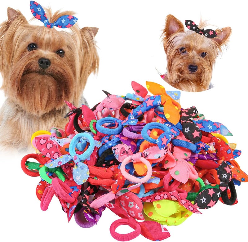 XIMA Dog Hair Accessories Set, 100 Pieces Colorful Rabbit Ear Hair Ties with Elastic Bands, Pet Grooming Bows for Dogs - Image 1